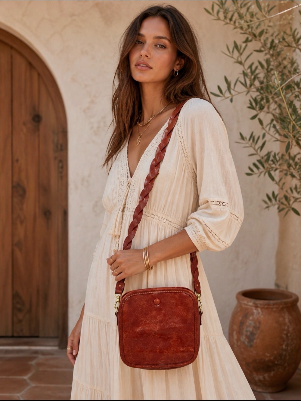 Braided Strap Brown Leather Crossbody Bag - Women